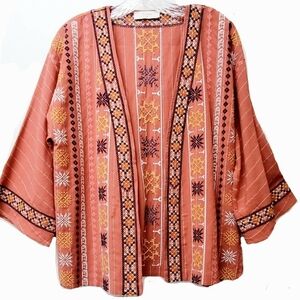 Azoe Bohemian Southwest Aztec Embroidered Kimono Top Open Jacket Linen Blend XS